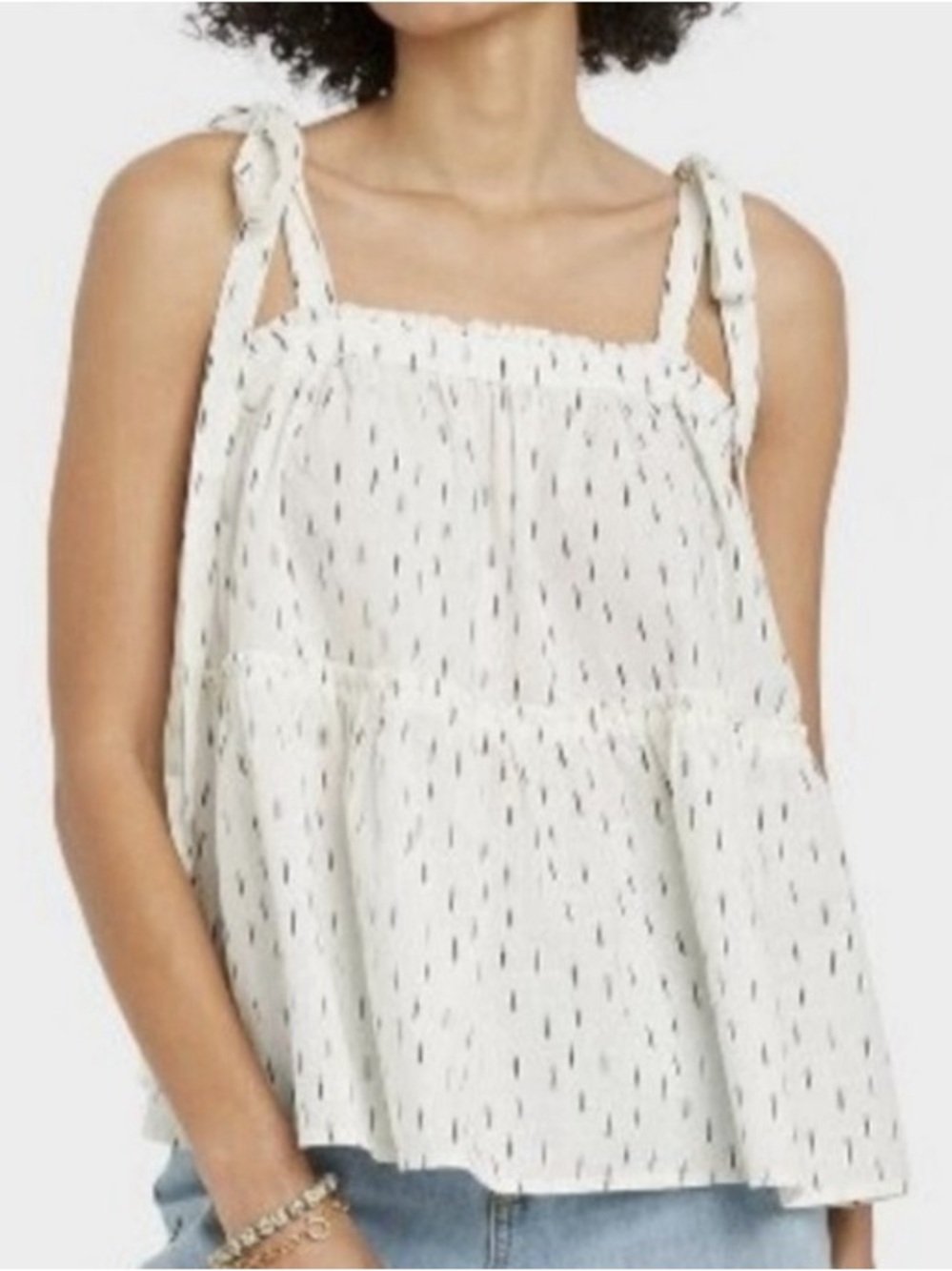 Universal Thread White Tank with Black Dash Print and Tie Shoulders